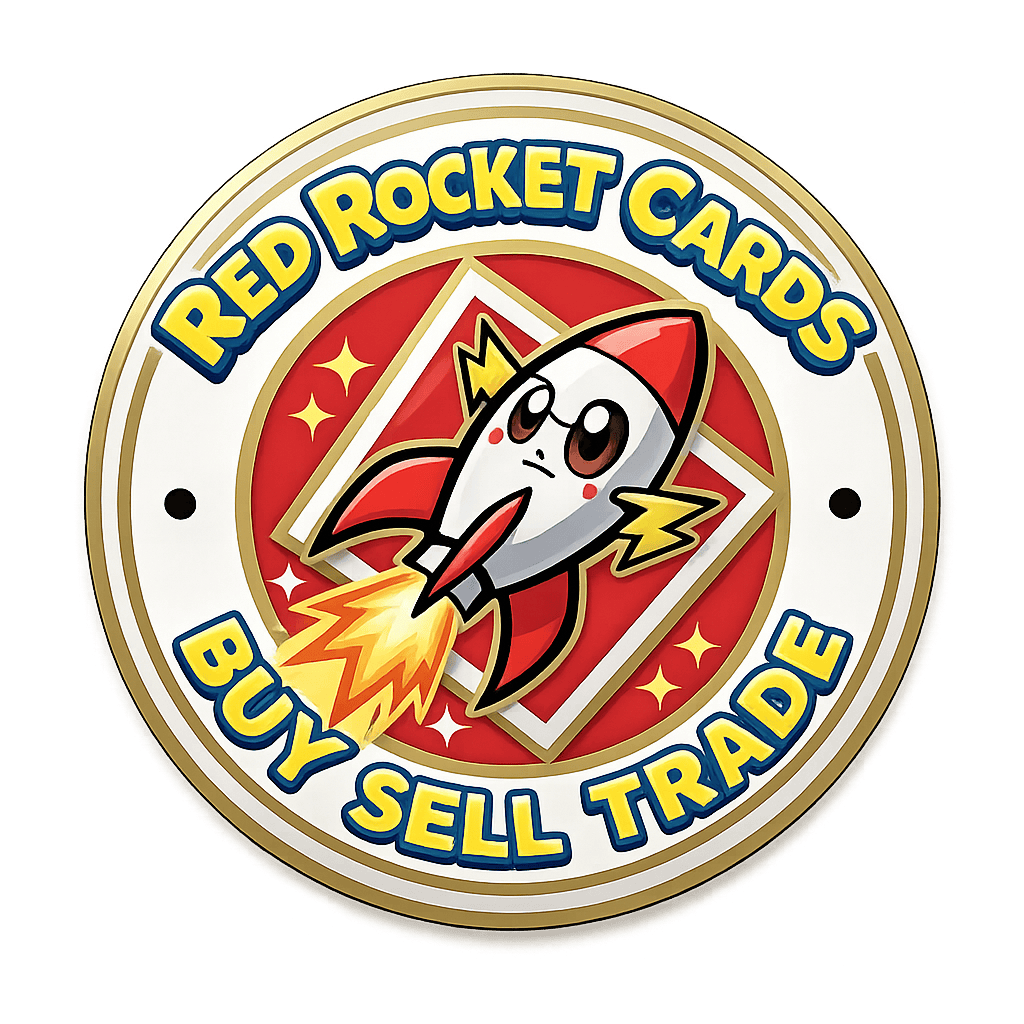 Red Rocket Cards logo featuring a cartoon rocket with a smiling face.