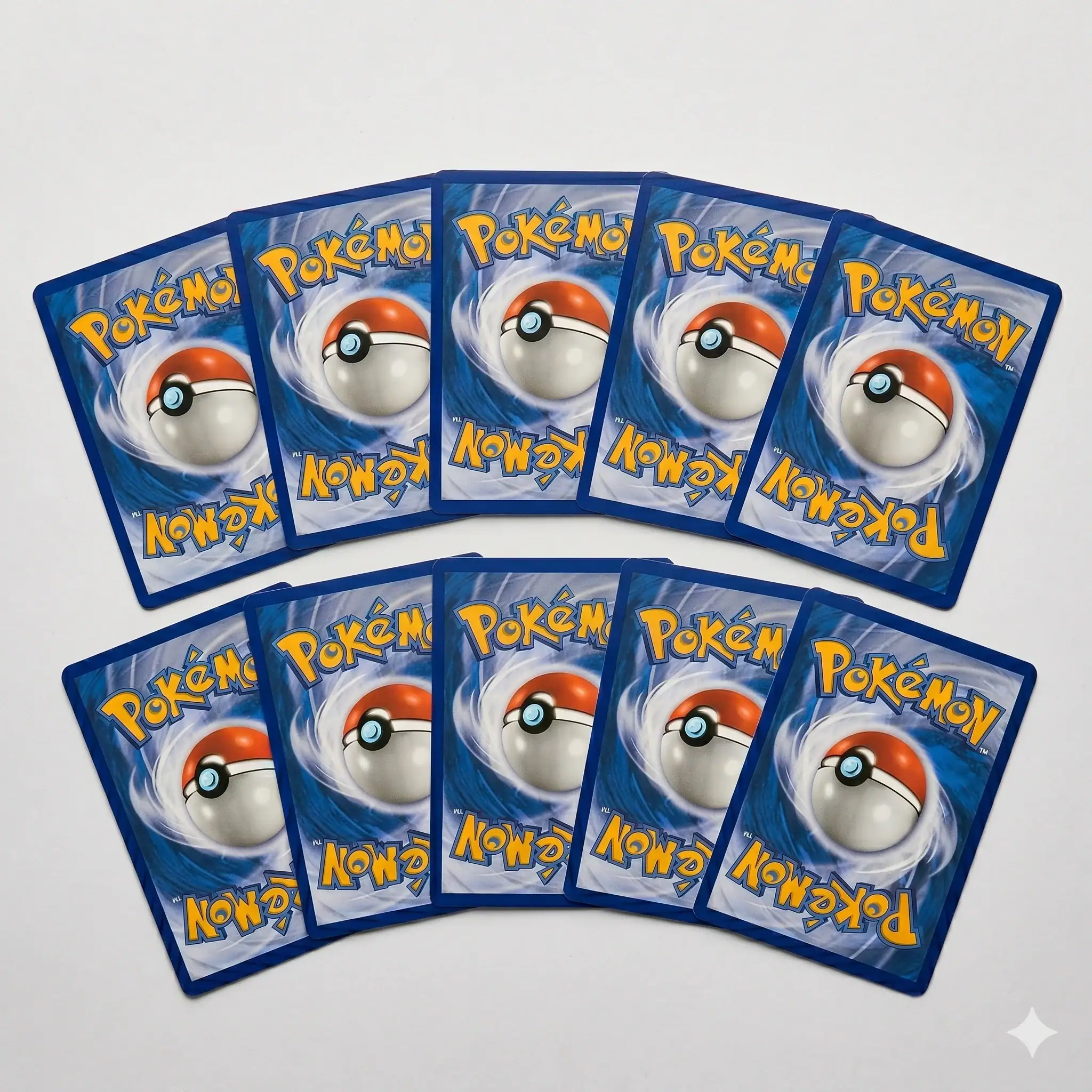 Pokémon - 10 Mixed Cards 1 Ten assorted Pokémon trading cards spread out on a white surface.