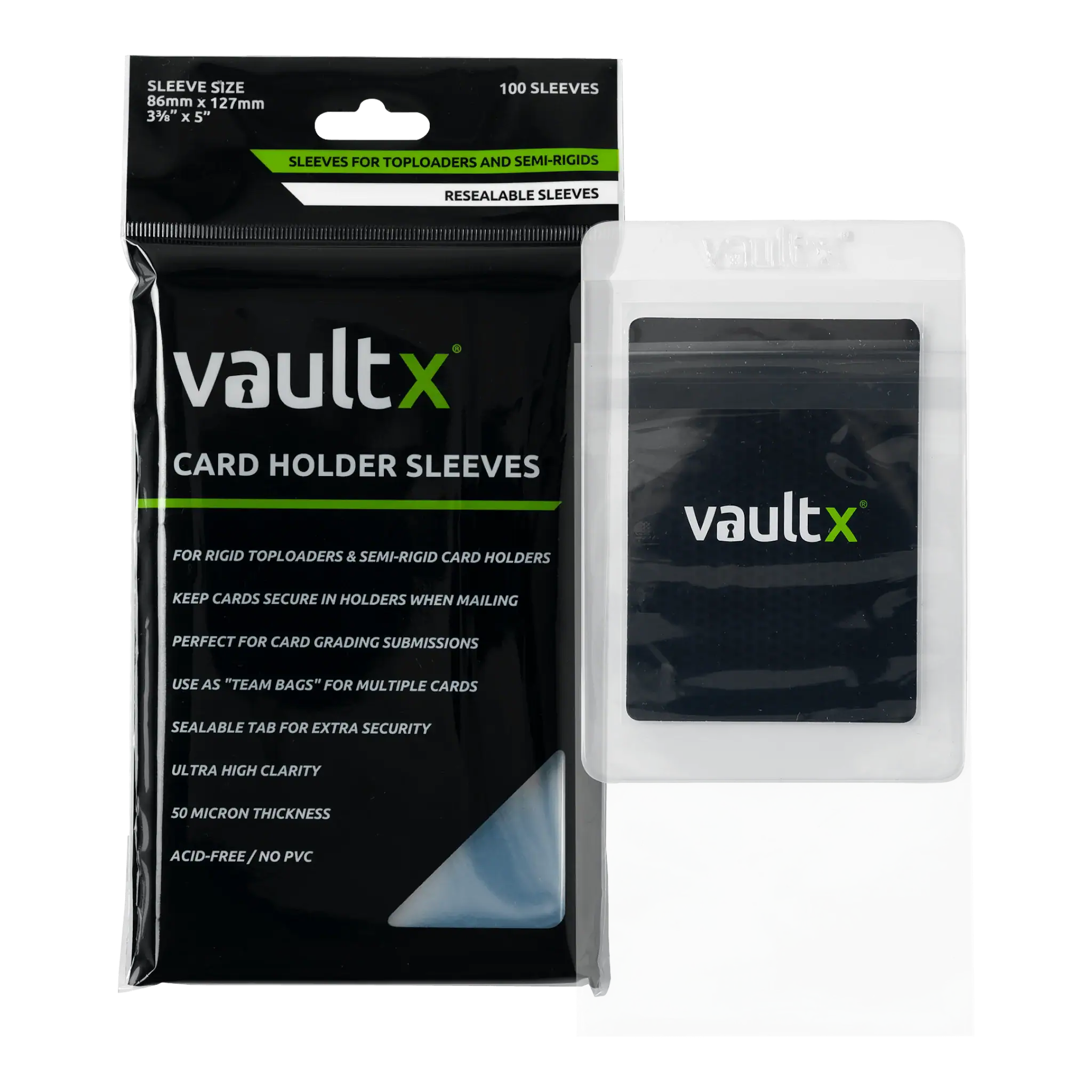 VaultX Card Holder Sleeves 1 Clear VaultX card holder sleeves for top loaders and semi-rigid cards, 100-pack.