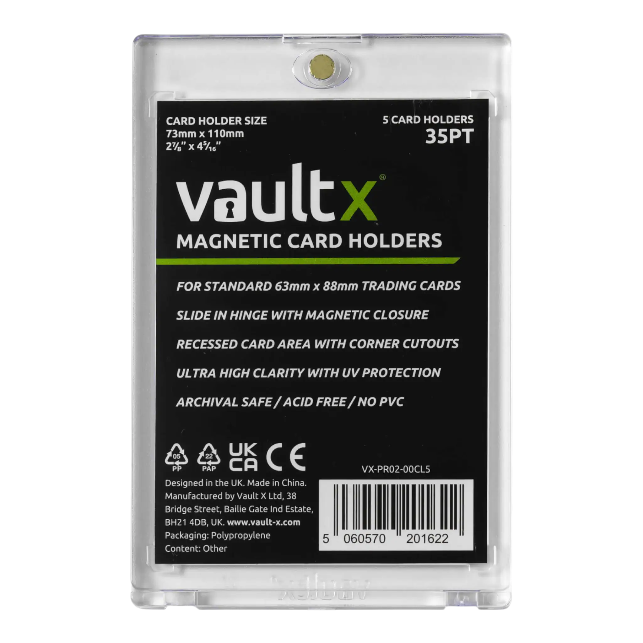 Vault X Magnetic Card Holders 35pt (5 Pack) 1 Pack of 5 Vault X magnetic card holders for standard credit and trading cards.
