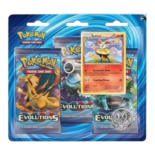 Pokémon blister pack featuring Braixen, 3 booster packs, holo card, and coin. Perfect for collectors.