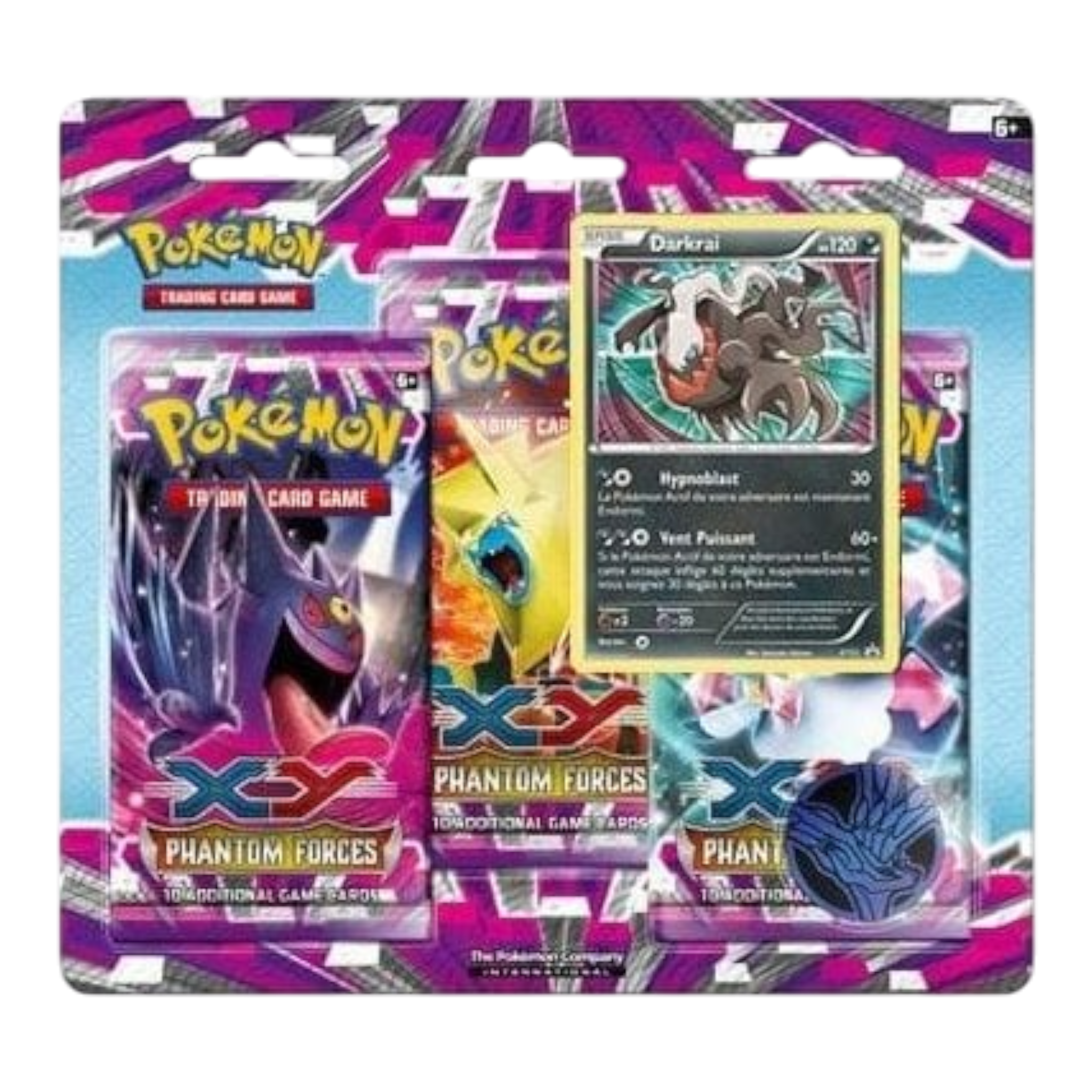 Pokémon 3 Pack Blister (3 Packs + Holo + Coin) : Darkrai - XY Phantom Forces 1 Pokémon Darkrai 3 Pack Blister with Holo card, coin, and booster packs.