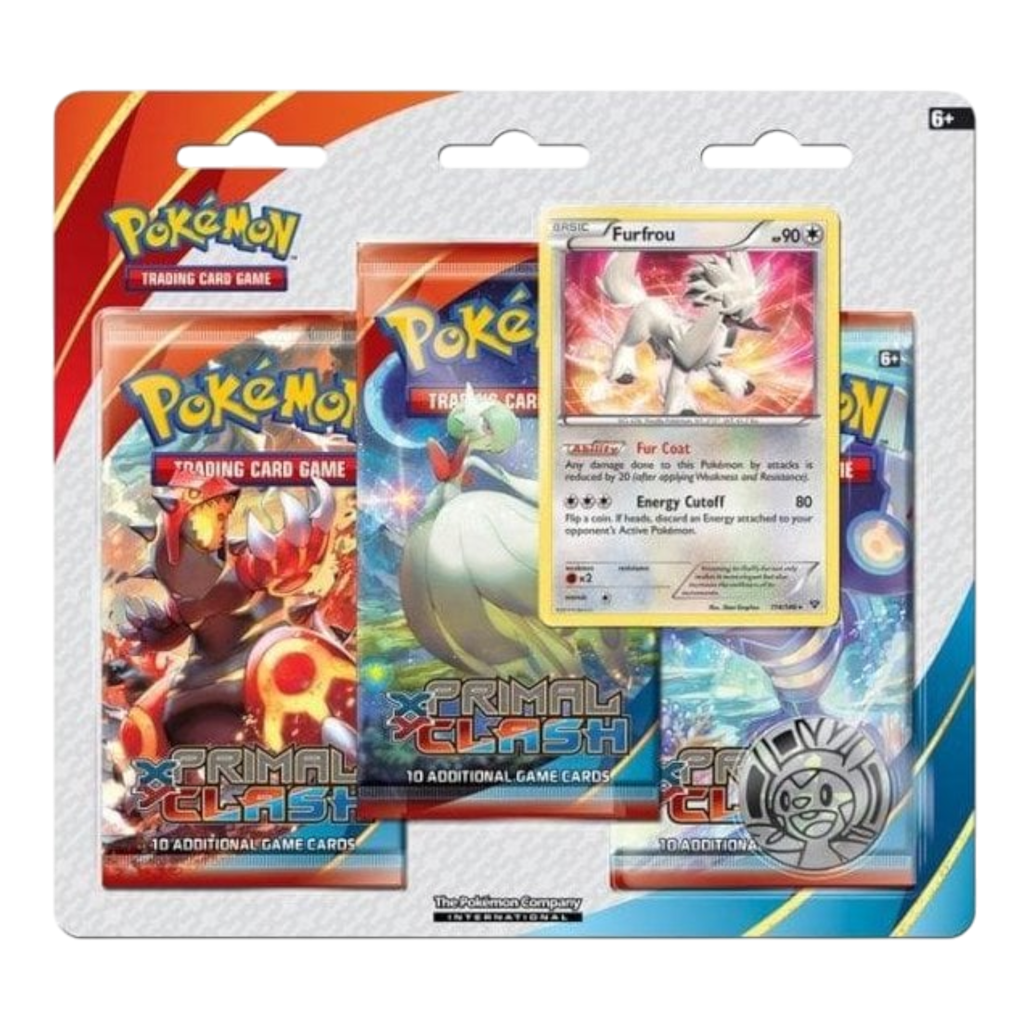 Pokémon 3 Pack Blister (3 Packs Holo Coin) : Furfou - XY Primal Clash 1 Pokémon Furfrou Holo Coin blister pack with 3 booster packs and coin.