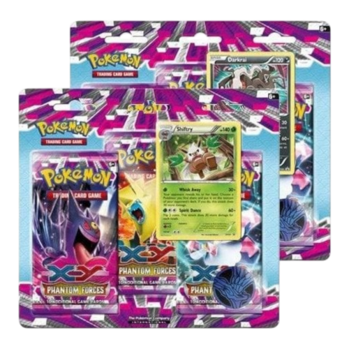 Pokémon XY Phantom Forces blister pack with 3 booster packs, holo card, and coin.