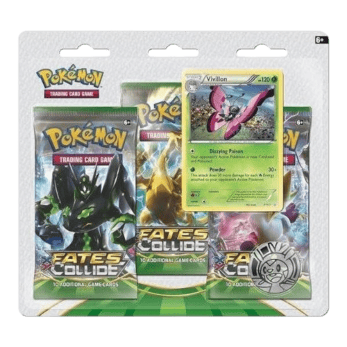 Pokémon Vivillon holographic card in blister pack with coin and booster packs.