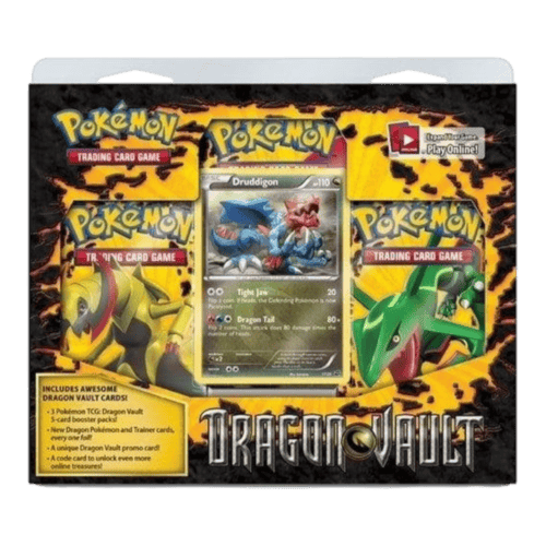 Pokémon Druddigon Dragon Vault 3 Pack Blister Set with trading cards and Pokémon figure.