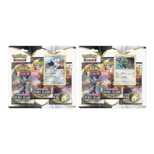 Pokémon Rebel Clash 3 Pack Blister with two booster packs and promo cards.