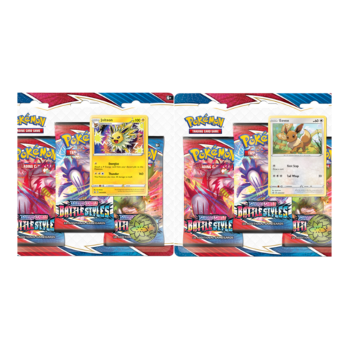 Pokémon Battle Styles blister packs featuring Jolteon and Eevee cards. Perfect for collectors and pl.