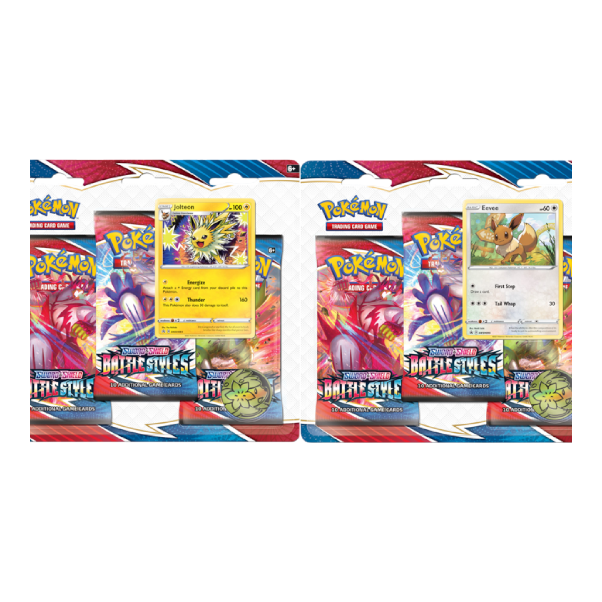 Pokémon Battle Styles blister packs featuring Jolteon and Eevee cards. Perfect for collectors and pl.