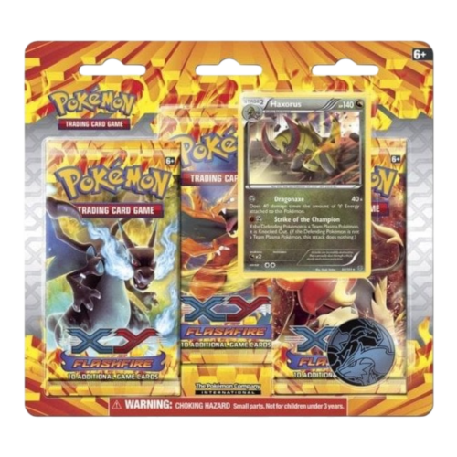 Pokémon blister pack featuring Haxorus holographic card from XY Flashfire set, includes three booste.