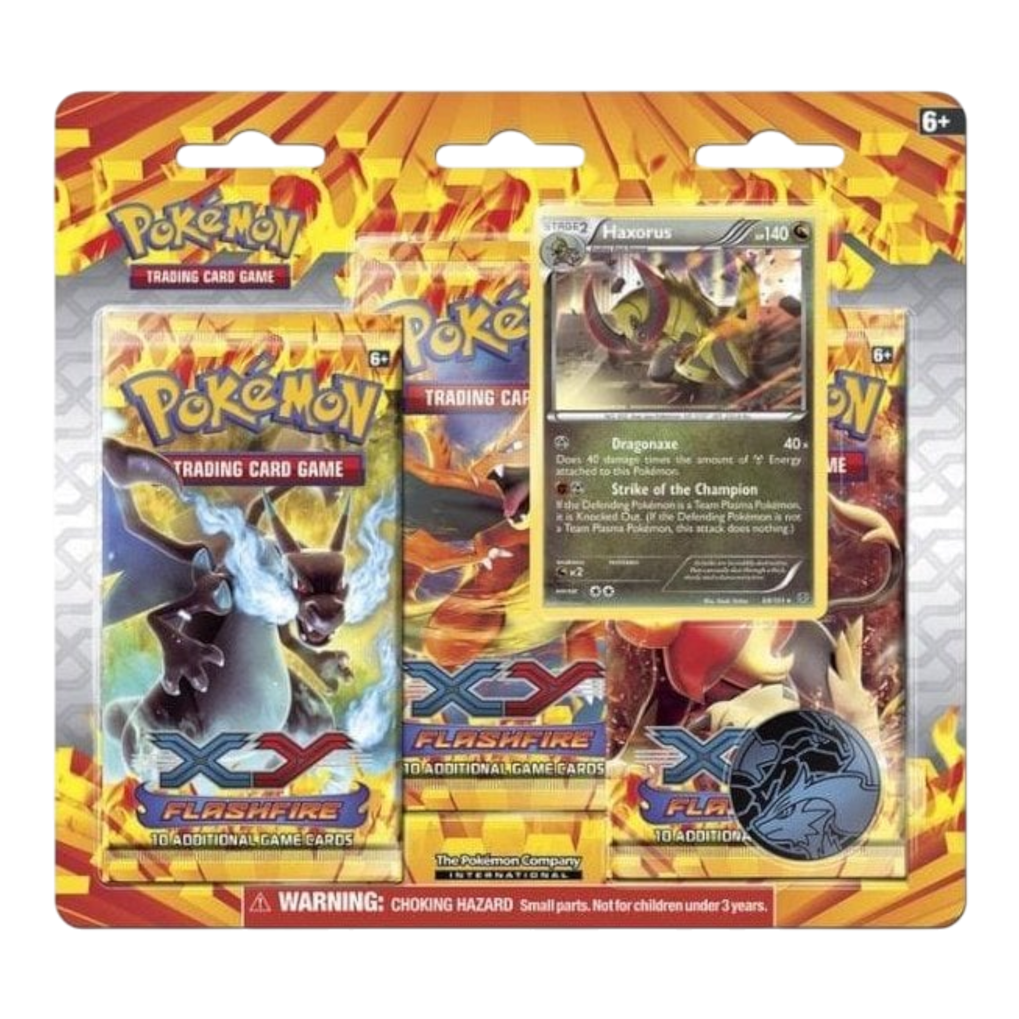 Pokémon blister pack featuring Haxorus holographic card from XY Flashfire set, includes three booste.