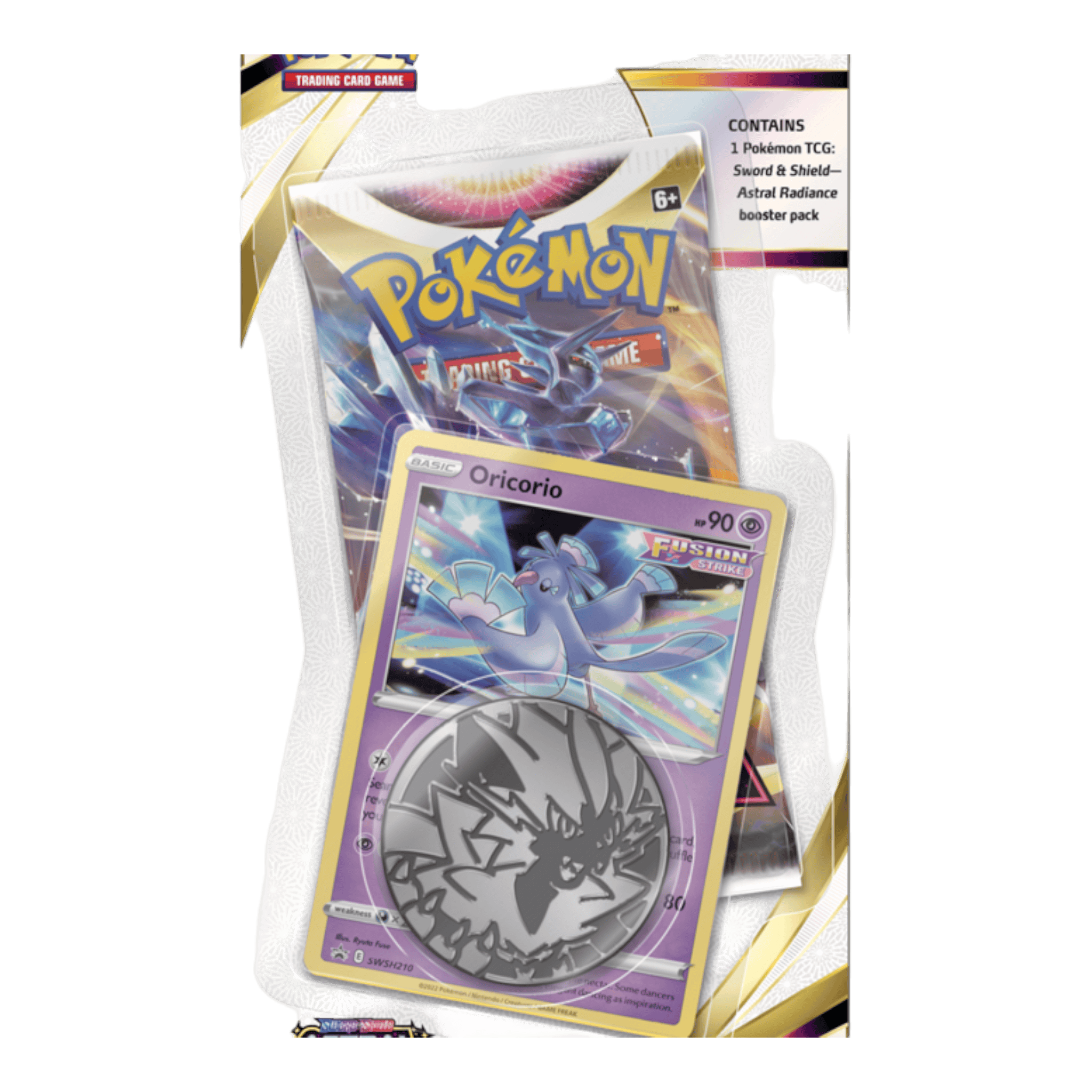 Pokémon Astral Radiance Oricorio booster pack with Pokémon card and coin.