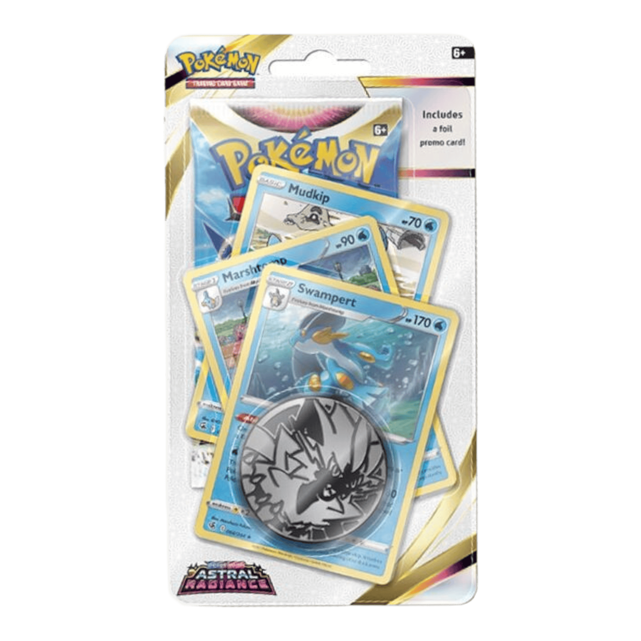 Pokémon Astral Radiance Sleeved Booster Pack Mudkip 1 Pokémon Astral Radiance Mudkip booster pack with Pokémon cards and promo coin. Perfect for collector.