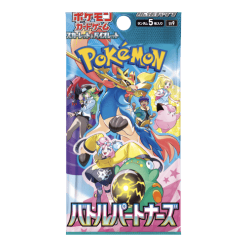 Japanese Pokémon booster pack with five trading cards featuring battle partners.