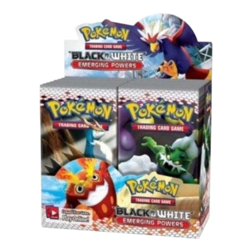 Pokémon Black & White Emerging Powers booster box with Pokémon cards inside.