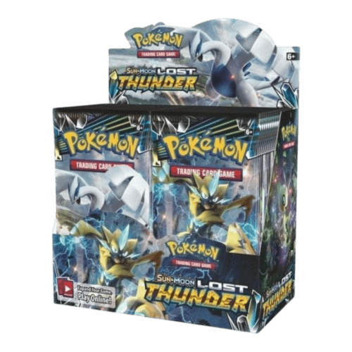Booster box of Pokémon Sun and Moon Lost Thunder with 36 packs for collectors and players.