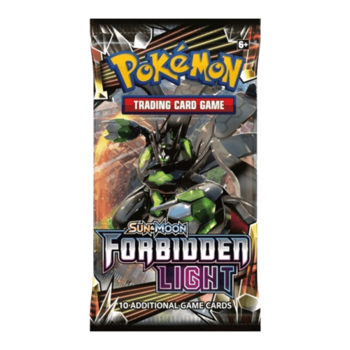 Pokémon Sun & Moon Forbidden Light booster pack with Pokémon artwork.