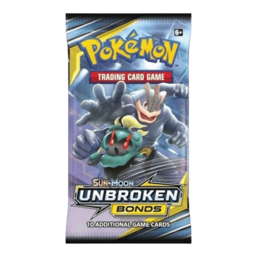 Pokémon Sun and Moon Unbroken Bonds booster pack with 10 trading cards.