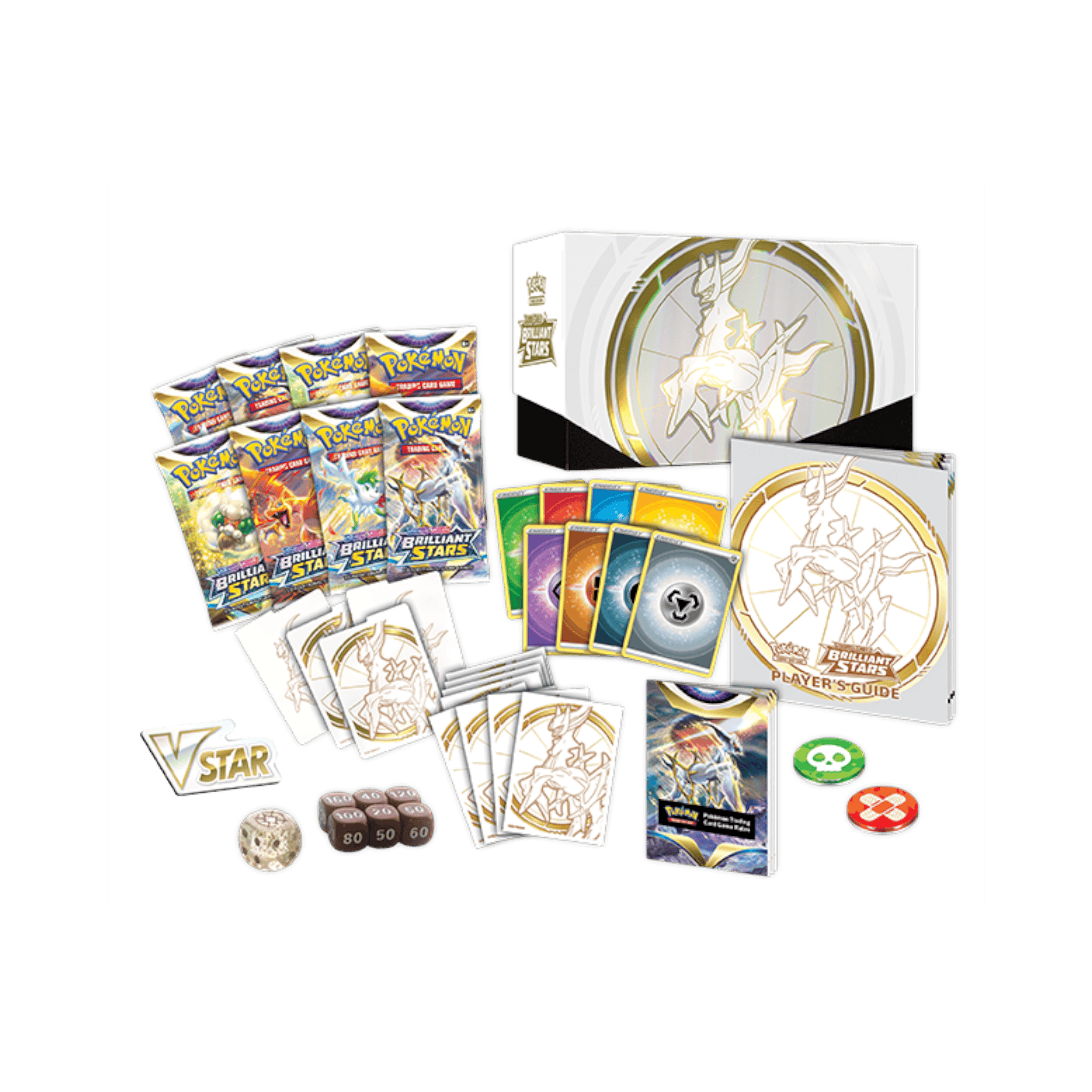 Pokémon Brilliant Stars Elite Trainer Box 2 Elite Trainer Box Pokémon Brilliant Stars with booster packs and accessories.
