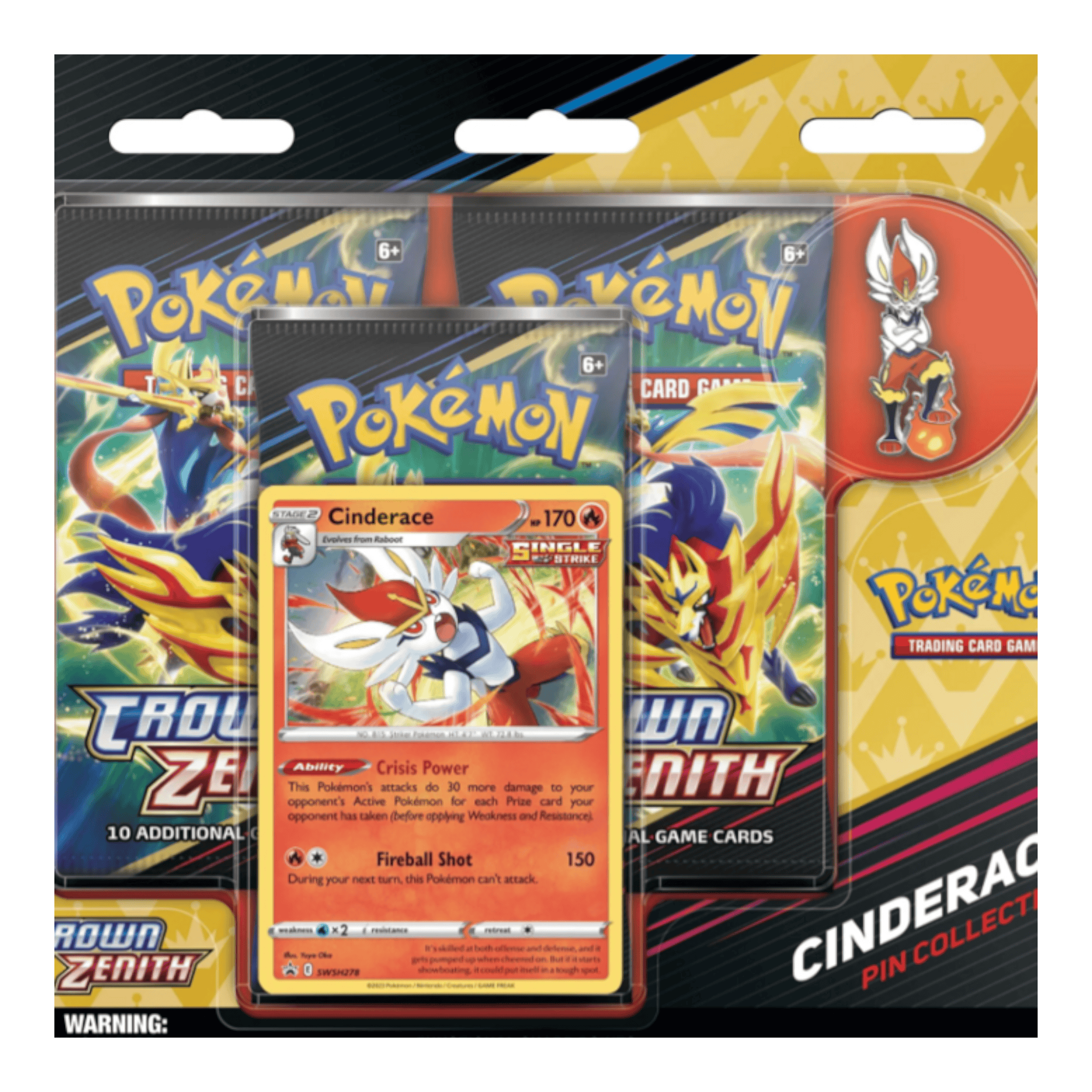 Pokémon Crown Zenith: Pin Collection Cinderace 1 Cinderace Pokémon Crown Zenith pin collection card and packaging.