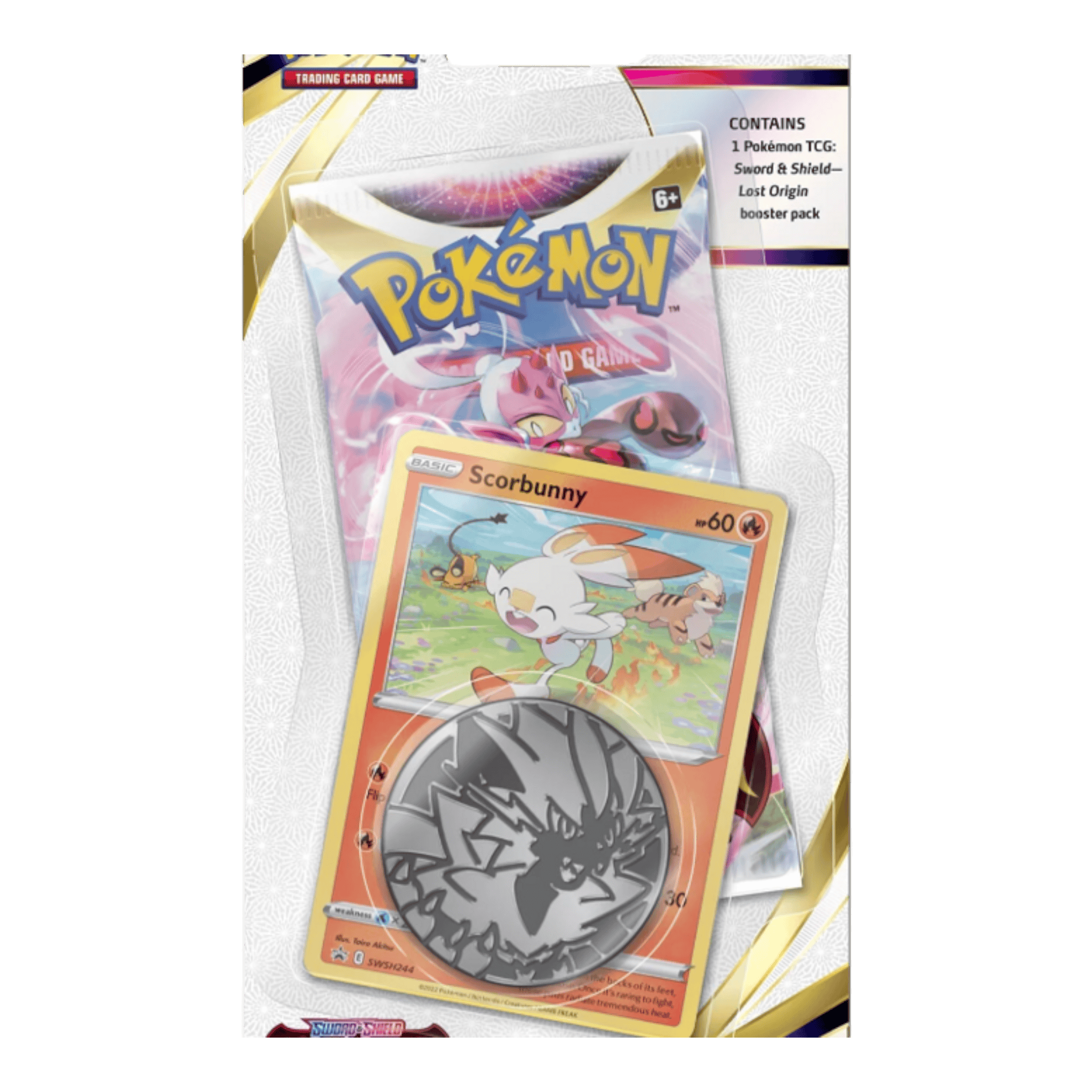 Pokémon Lost Origin Sleeved Booster Pack 3 Pokémon Lost Origin booster pack with Pokémon card and coin inside.