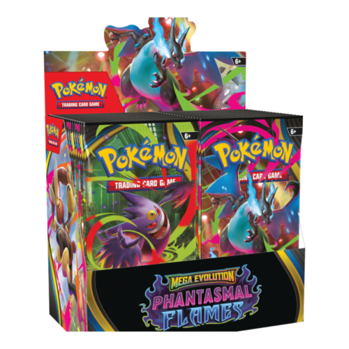 Pokémon Mega Evolution Phantasmal Flames booster box with 36 packs for trading card game collectors.