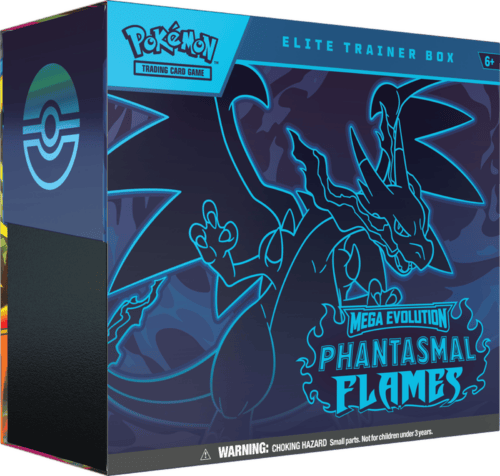 Elite Trainer Box for Pokémon Mega Evolution Phantasmal Flames set, featuring Dragonite illustration.