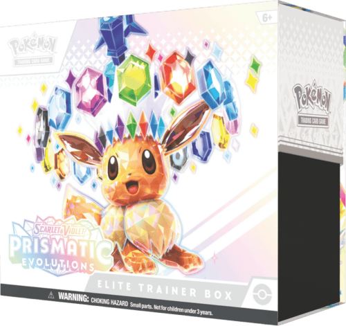 Pokémon Prismatic Evolutions Elite Trainer Box with Eevee and colourful gems.
