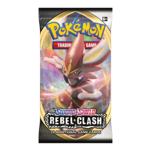 Pokémon Rebel Clash booster pack with Sword & Shield branding and character artwork.