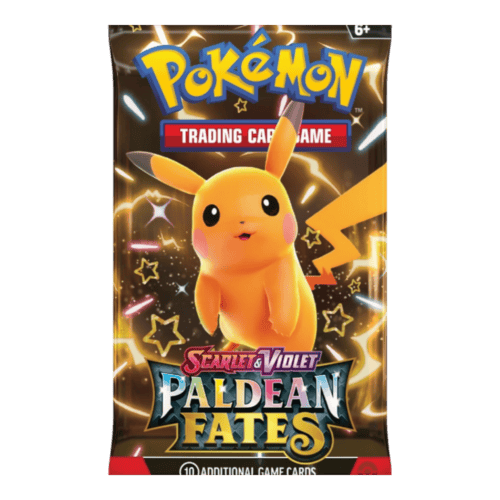 Pokémon Scarlet & Violet Paldean Fates booster pack with Pikachu on the front.