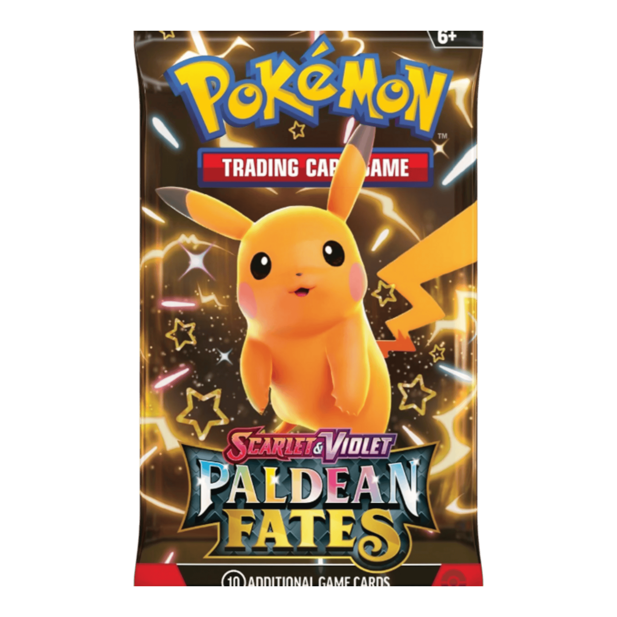 Pokémon Scarlet & Violet Paldean Fates Booster Pack (10 Cards) 1 Pokémon Scarlet & Violet Paldean Fates booster pack with Pikachu on the front.