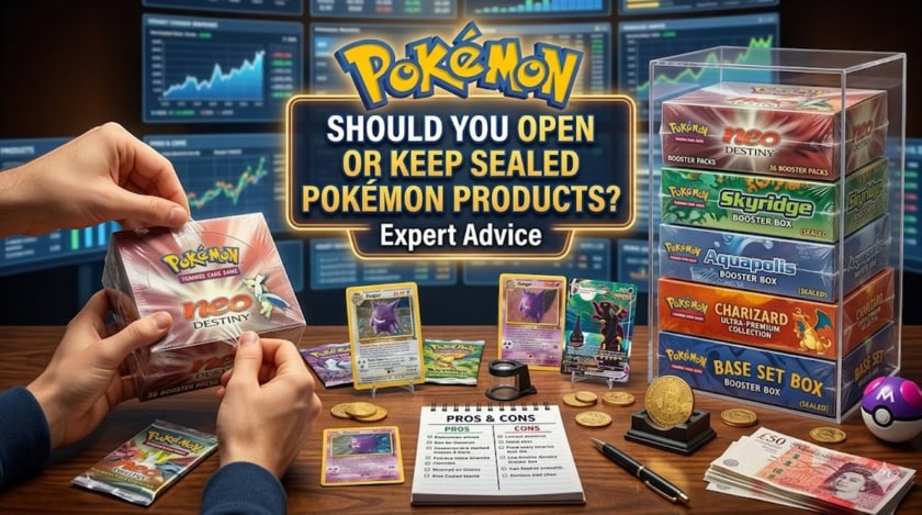 Hand opening a Pokémon booster pack with sealed Pokémon products in background.