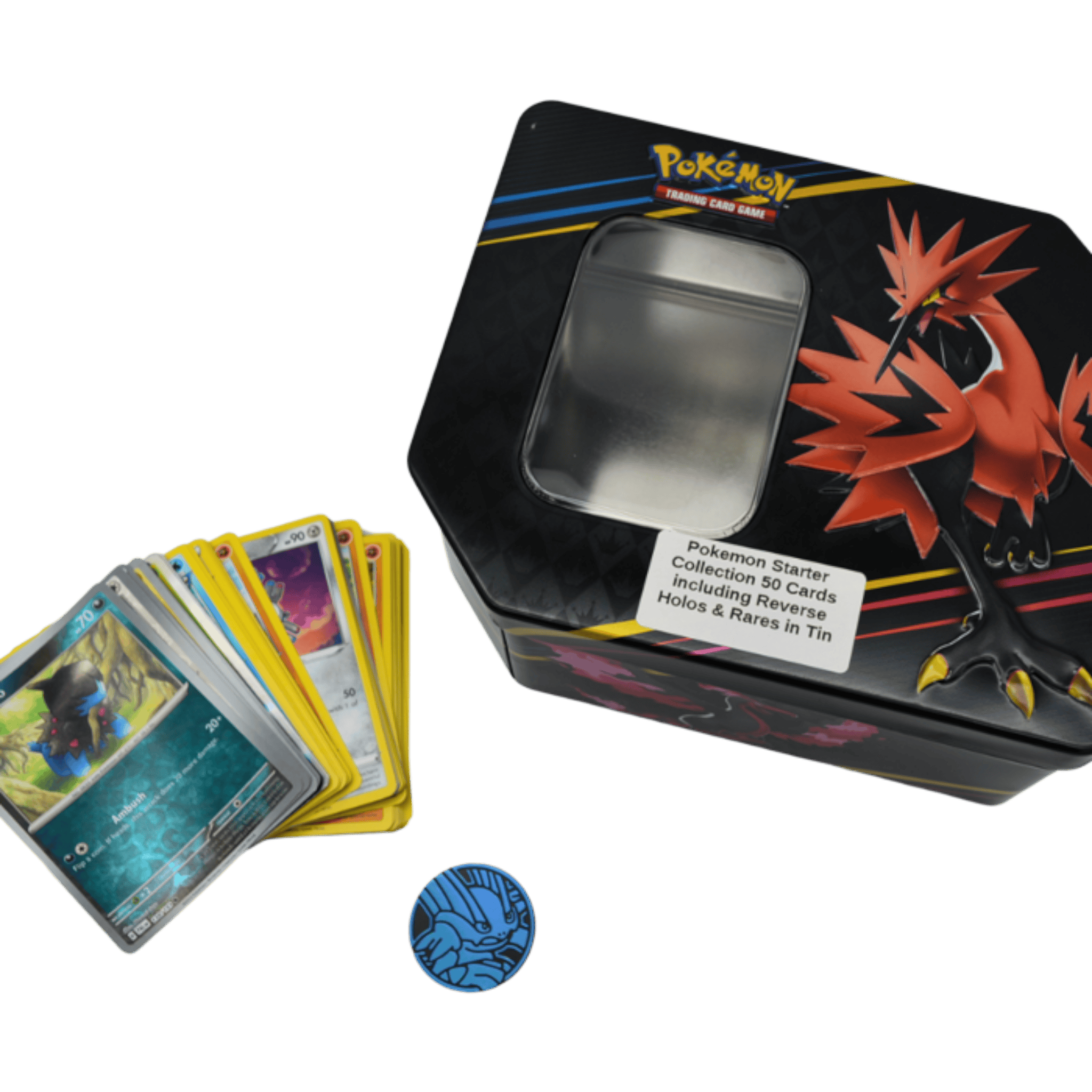 Pokémon Starter Collection 50 Cards including Reverse Holos & Rares in Tin 1 Pokémon starter collection with 50 cards including reverse holos and rares in a collectible tin.