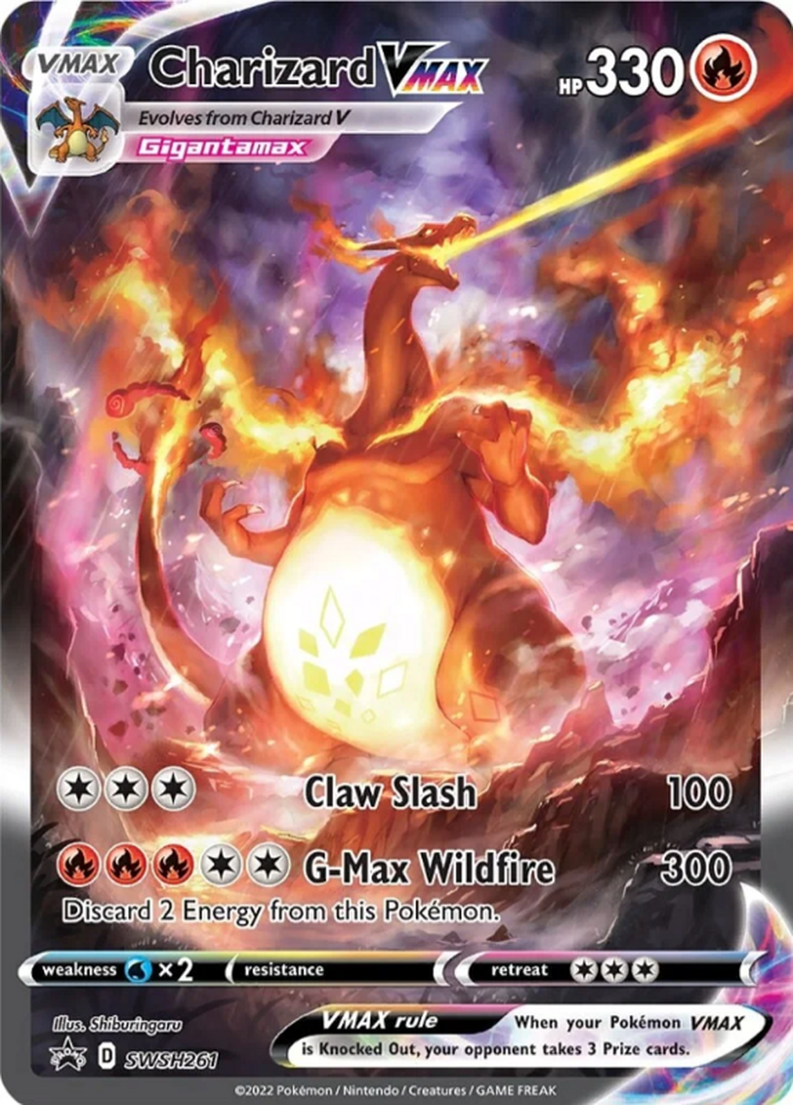 Pokémon Sword & Shield Ultra-Premium Collection Charizard 6 Pokémon VMAX Charizard card with 330 HP, fiery attack visuals, and G-Max Wildfire move.