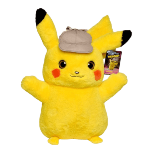 Soft Pikachu plush toy wearing a detective hat, perfect for Pokémon fans and collectors.
