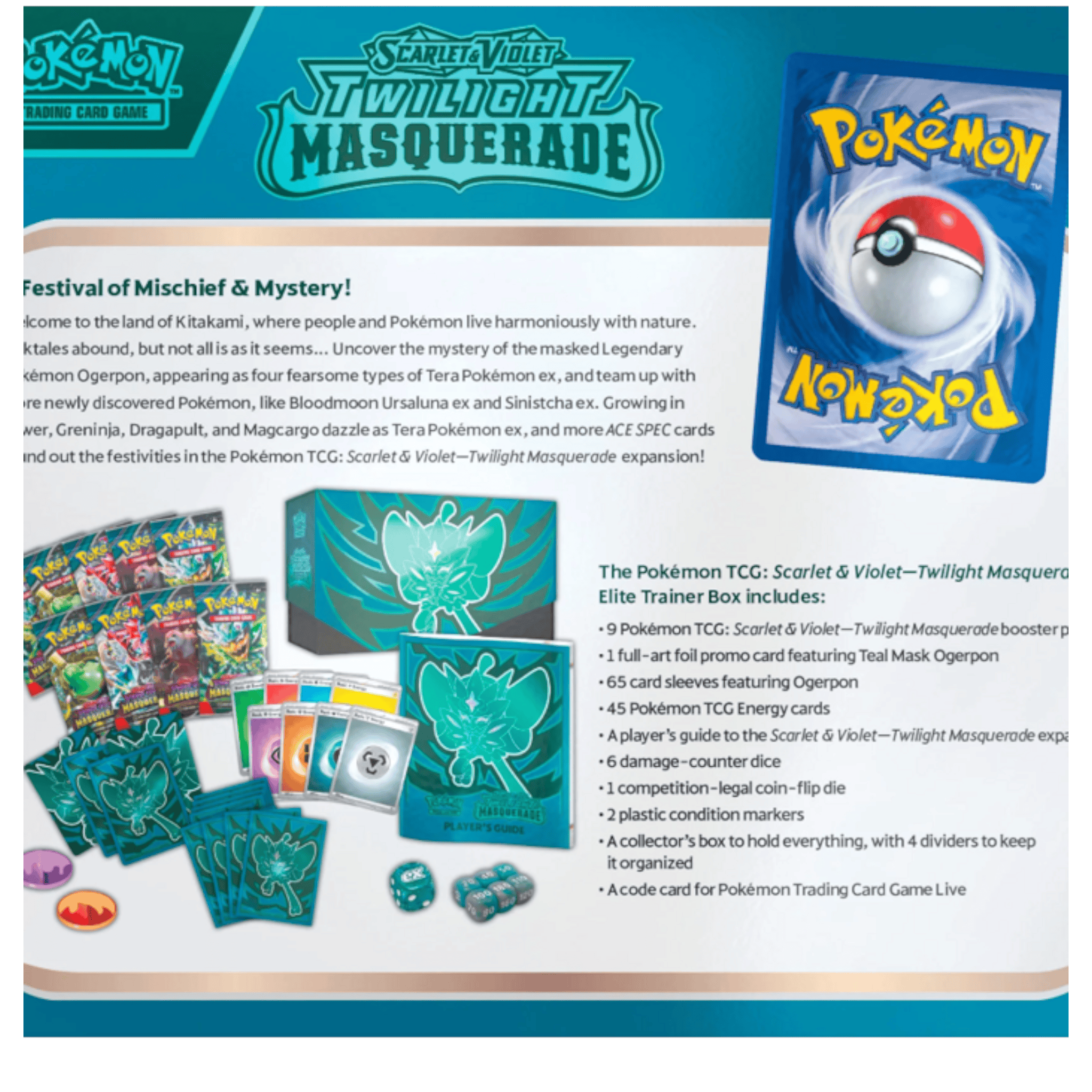 Pokémon Twilight Masquerade Elite Trainer Box 2 Pokémon Twilight Masquerade Elite Trainer Box with cards and accessories.