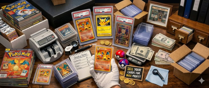 Pokémon cards grading and selling setup with collectibles and tools.