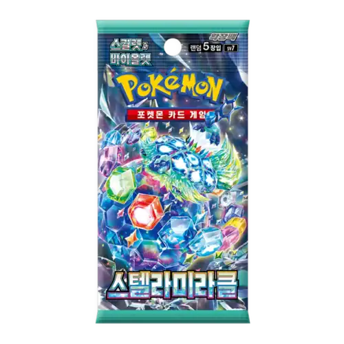 Pokémon trading card game booster pack with shiny Pokémon and gems.