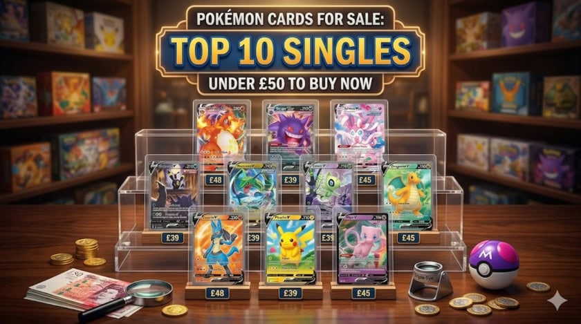Collection of Pokémon cards for sale, featuring top singles under £50.