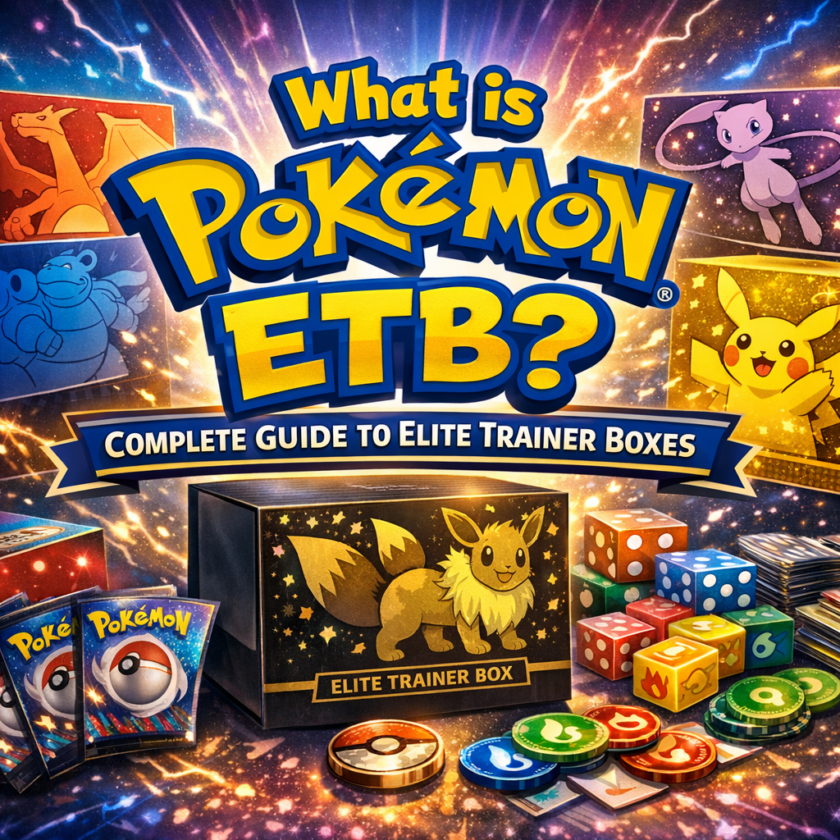 Pokémon Elite Trainer Box with booster packs, dice, card sleeves, and game tokens displayed on a table.