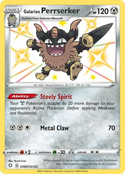 Galarian Perrserker SV087/SV122 - Holofoil - Near Mint – Shining Fates: Shiny Vault – Single Pokémon Card 1 Galarian Perrserker SV087/SV122 - Holofoil - Near Mint – Shining Fates: Shiny Vault – Single Pokémon Card