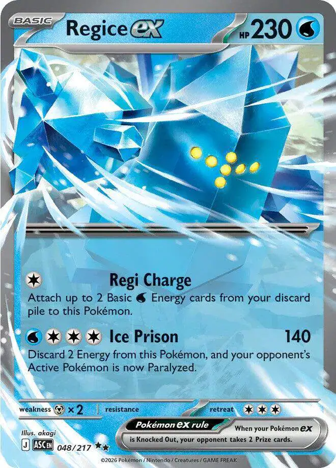 Regice ex 048/217 - Double Rare - Near Mint – Ascended Heroes – Single Pokémon Card 1 Regice ex 048/217 - Double Rare - Near Mint – Ascended Heroes – Single Pokémon Card