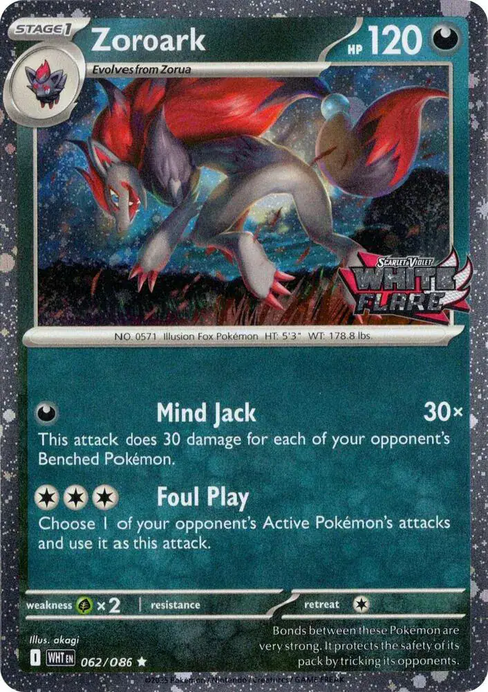 Zoroark (White Flare Stamped) 062/086 - Holofoil - Near Mint – White Flare – Single Pokémon Card 1 Zoroark (White Flare Stamped) 062/086 - Holofoil - Near Mint – White Flare – Single Pokémon Card